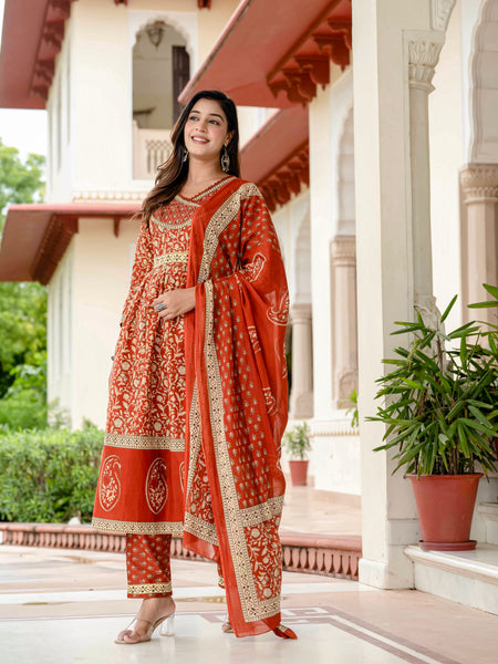 Floral Printed Rust Cotton Kurta Set with Dupatta