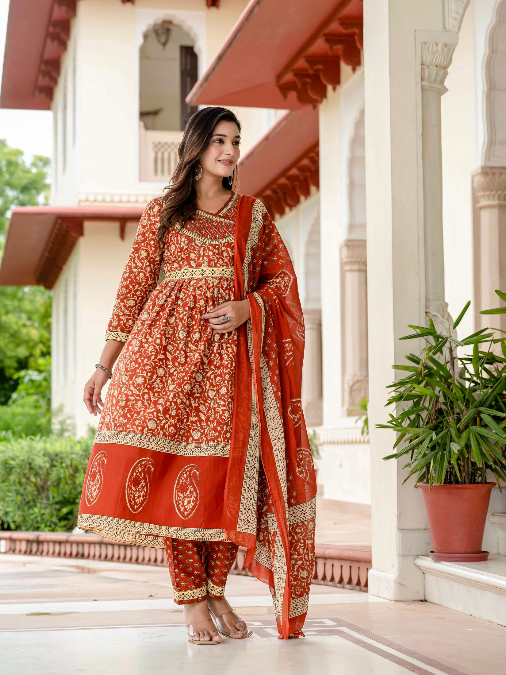 Floral Printed Rust Cotton Kurta Set with Dupatta