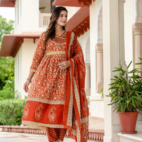 Floral Printed Rust Cotton Kurta Set with Dupatta
