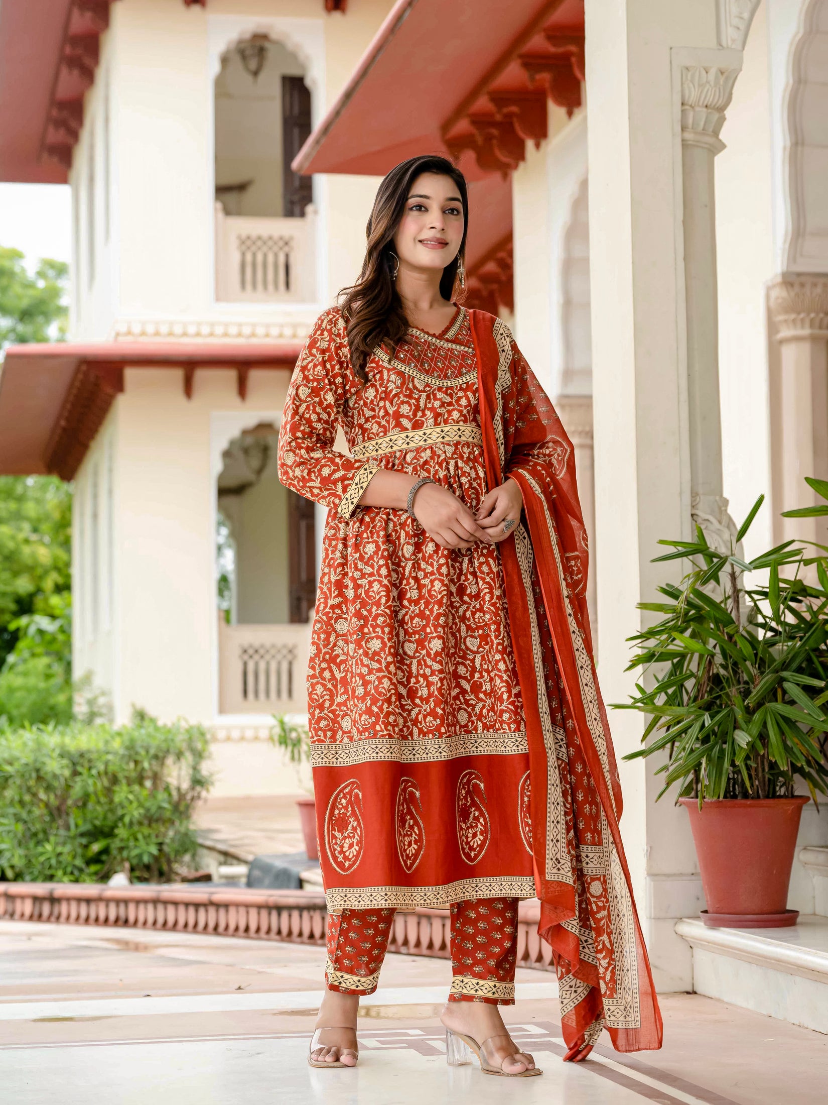 Floral Printed Rust Cotton Kurta Set with Dupatta