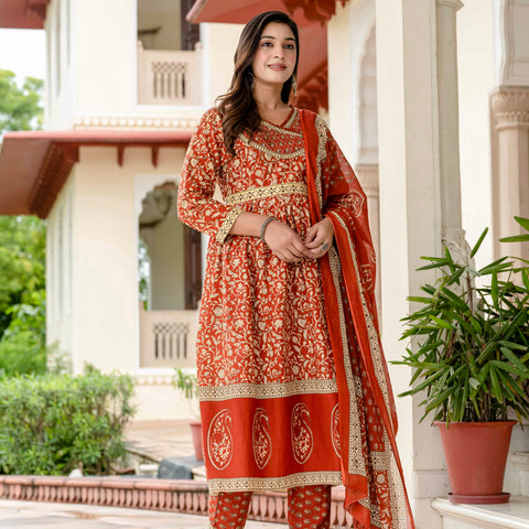 Floral Printed Rust Cotton Kurta Set with Dupatta