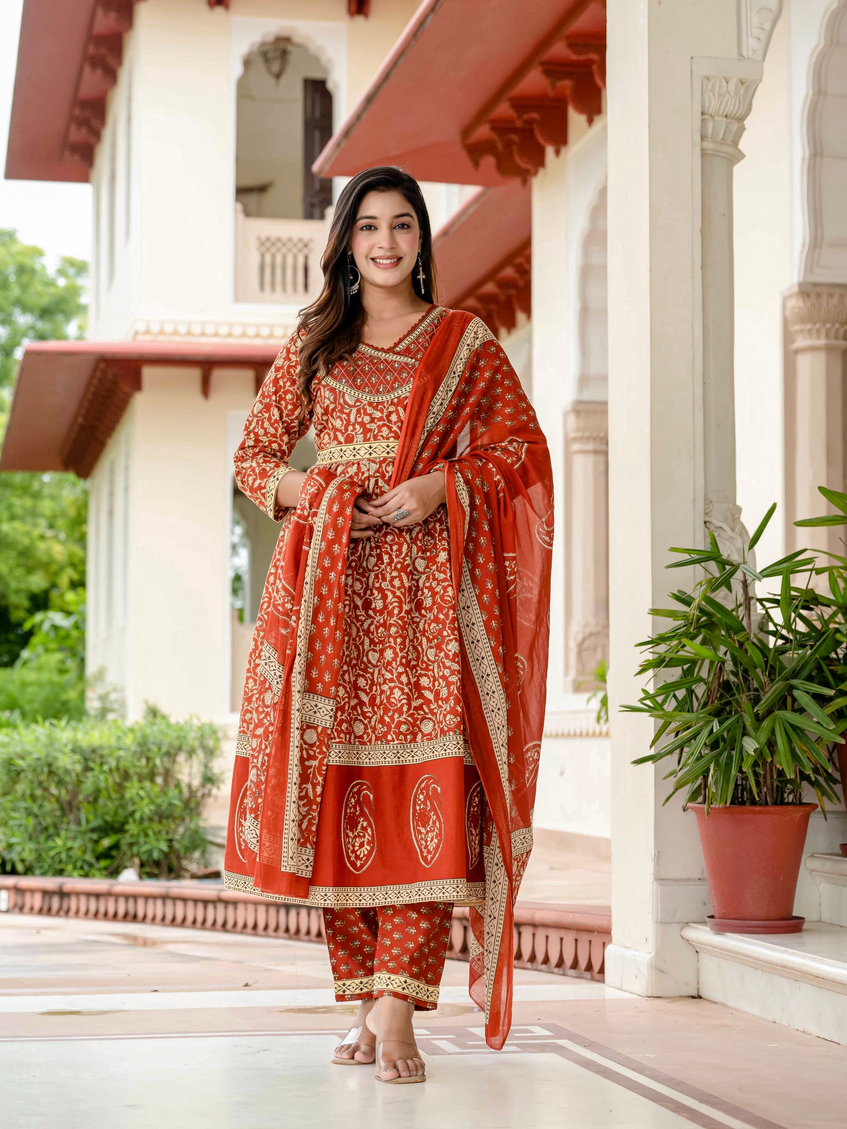 Floral Printed Rust Cotton Kurta Set with Dupatta