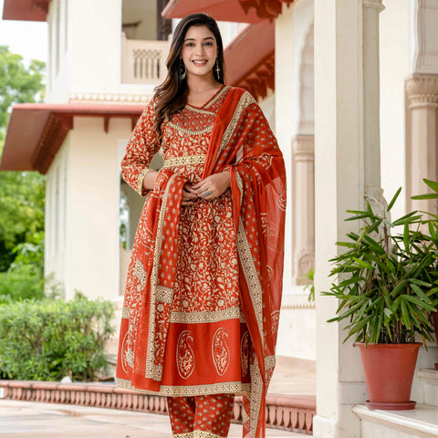 Floral Printed Rust Cotton Kurta Set with Dupatta