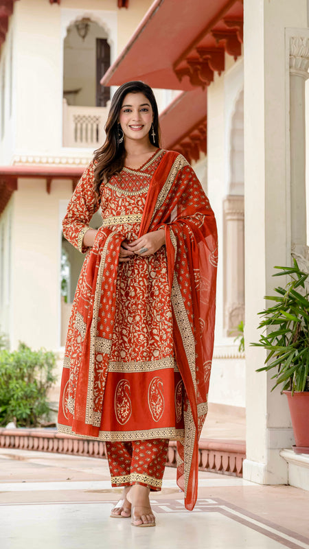 Ebbani Women’s Ethnic Printed Rust Floral Cotton Kurta Set with Dupatta