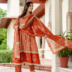 Ebbani Women’s Ethnic Printed Rust Floral Cotton Kurta Set with Dupatta