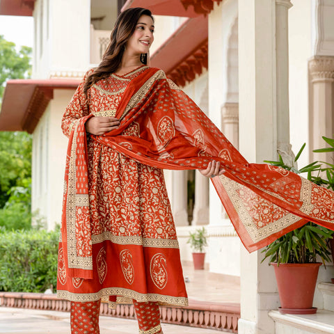 Floral Printed Rust Cotton Kurta Set with Dupatta