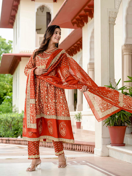 Ebbani Women’s Ethnic Printed Rust Floral Cotton Kurta Set with Dupatta
