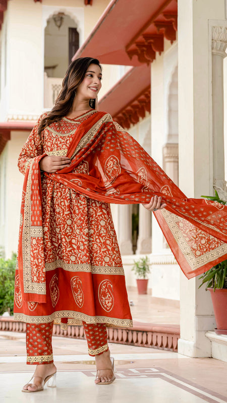 Ebbani Women’s Ethnic Printed Rust Floral Cotton Kurta Set with Dupatta