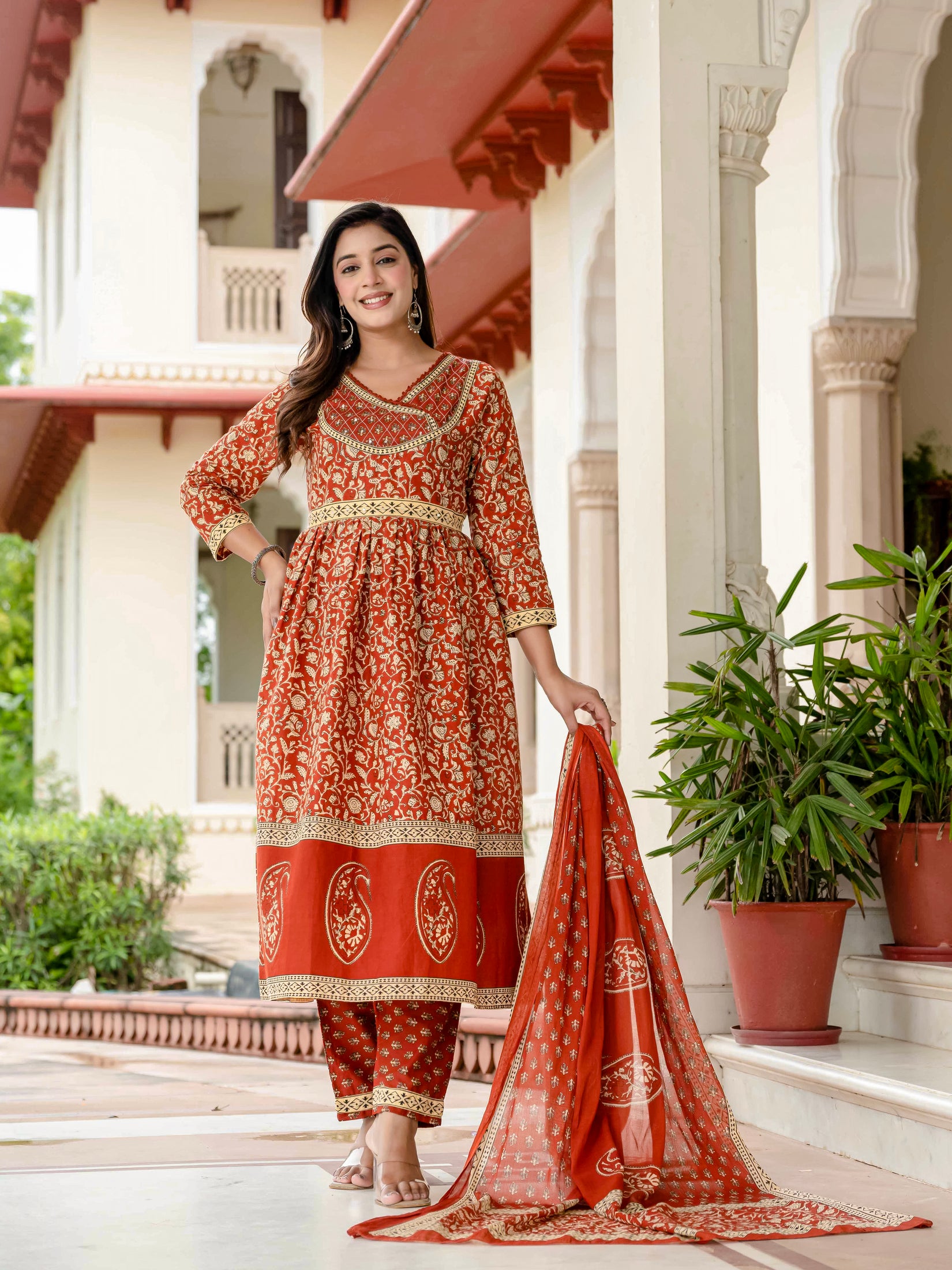 Floral Printed Rust Cotton Kurta Set with Dupatta