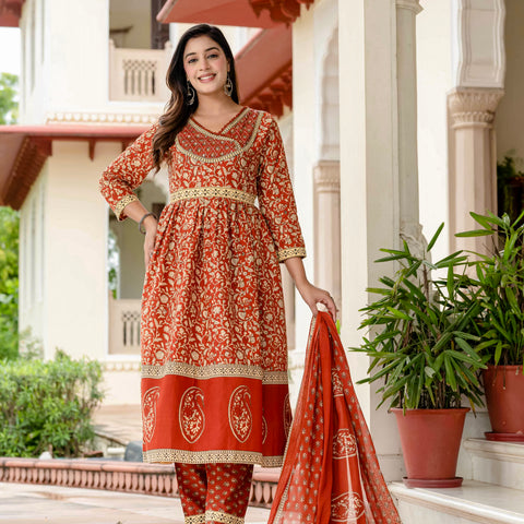 Floral Printed Rust Cotton Kurta Set with Dupatta