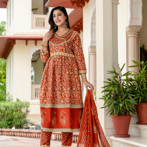 Floral Printed Rust Cotton Kurta Set with Dupatta
