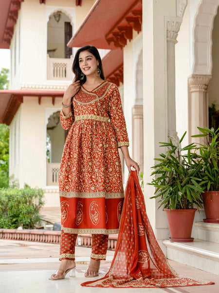 Floral Printed Rust Cotton Kurta Set with Dupatta