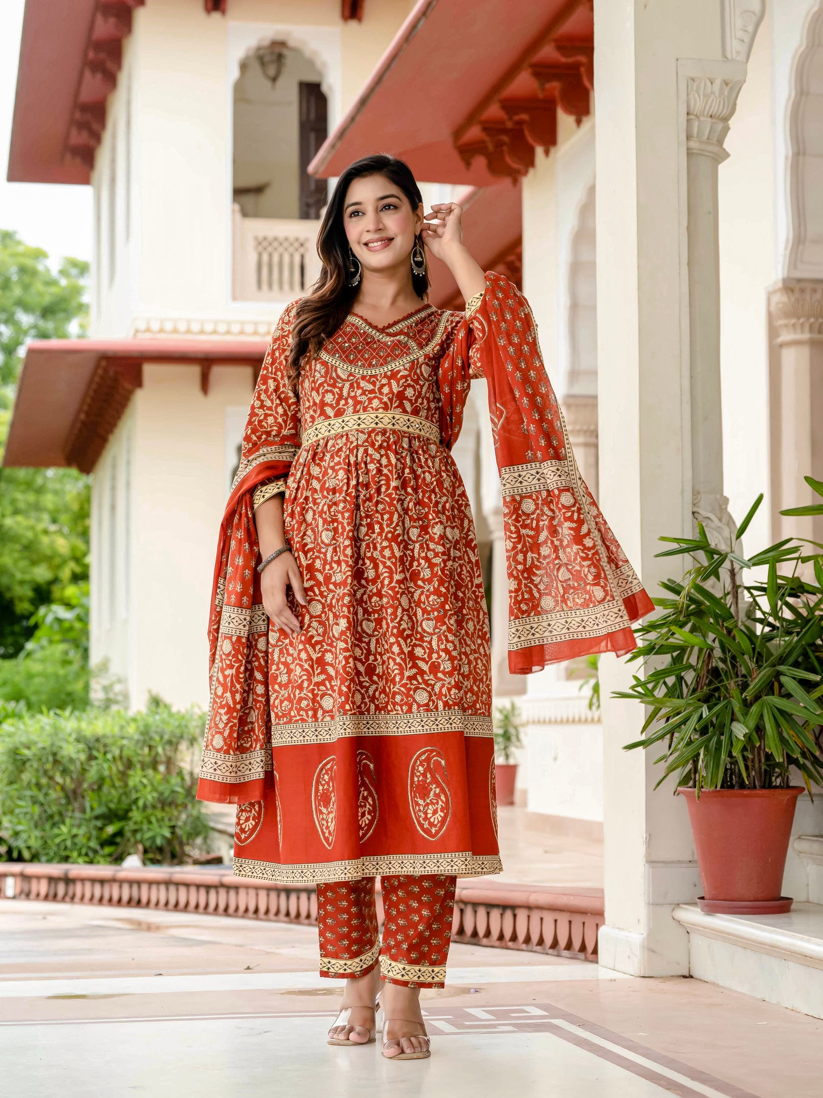 Floral Printed Rust Cotton Kurta Set with Dupatta