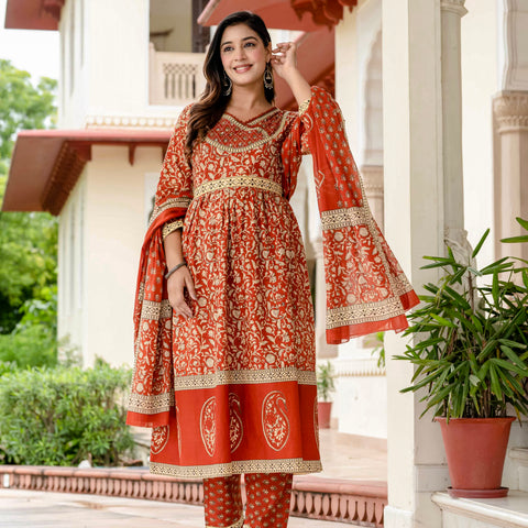 Floral Printed Rust Cotton Kurta Set with Dupatta