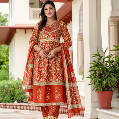 Floral Printed Rust Cotton Kurta Set with Dupatta