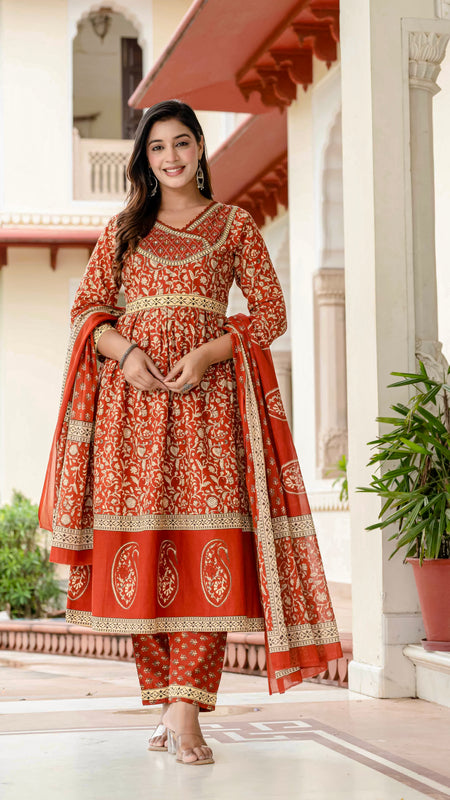Ebbani Women’s Ethnic Printed Rust Floral Cotton Kurta Set with Dupatta