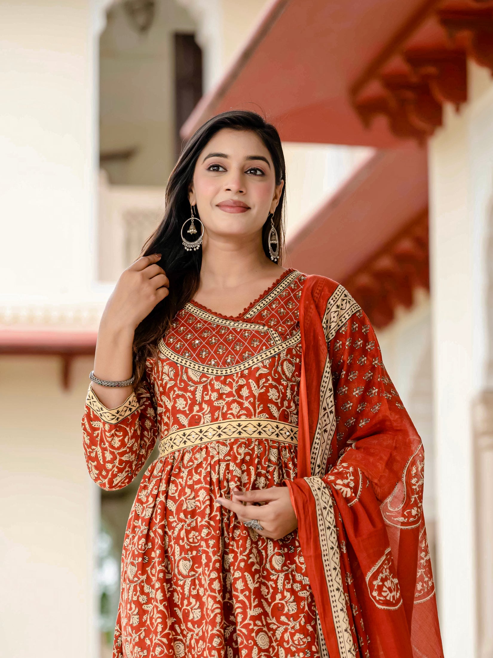 Floral Printed Rust Cotton Kurta Set with Dupatta