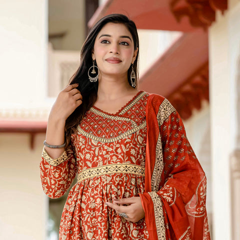 Floral Printed Rust Cotton Kurta Set with Dupatta