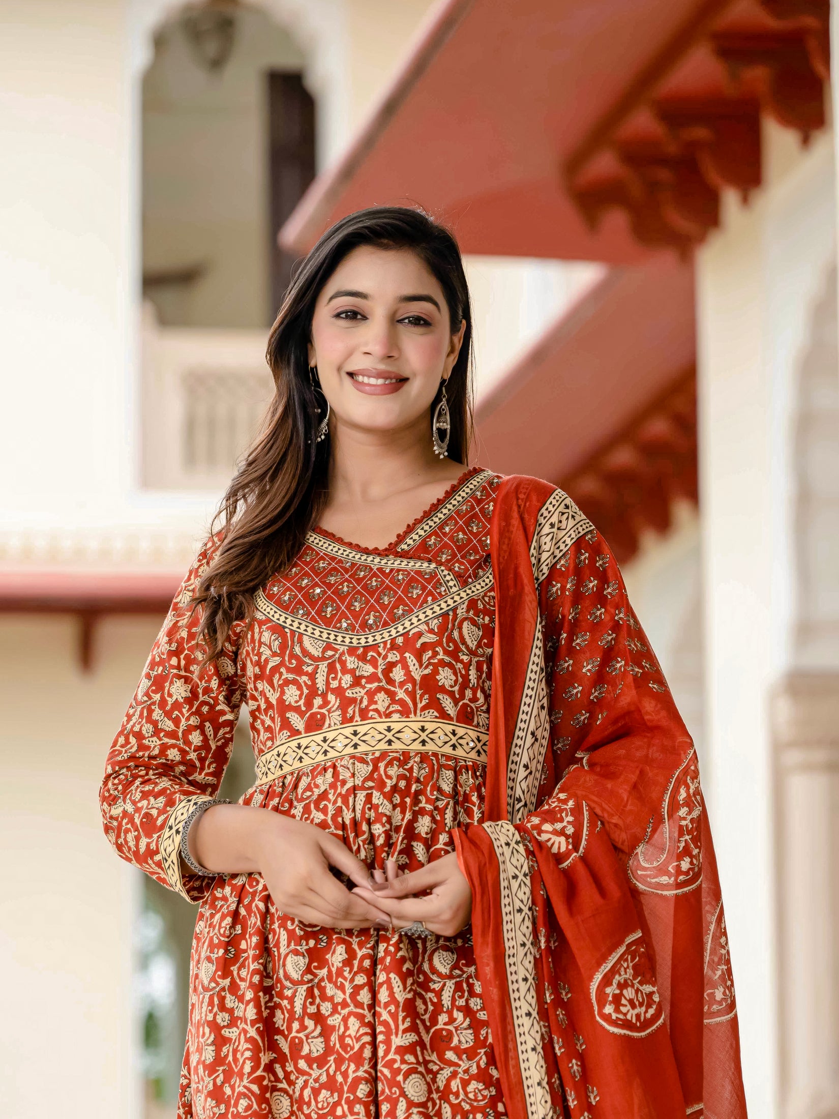 Floral Printed Rust Cotton Kurta Set with Dupatta