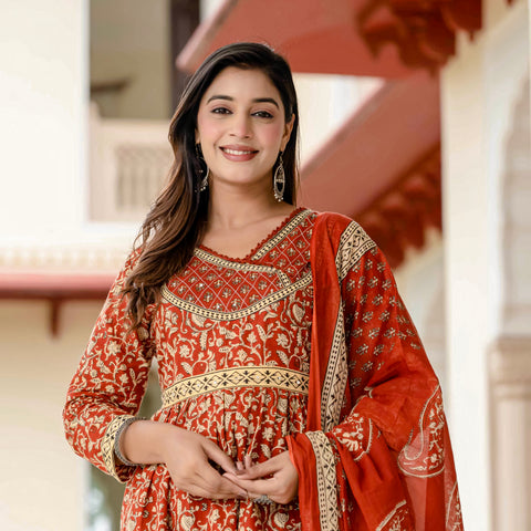 Floral Printed Rust Cotton Kurta Set with Dupatta