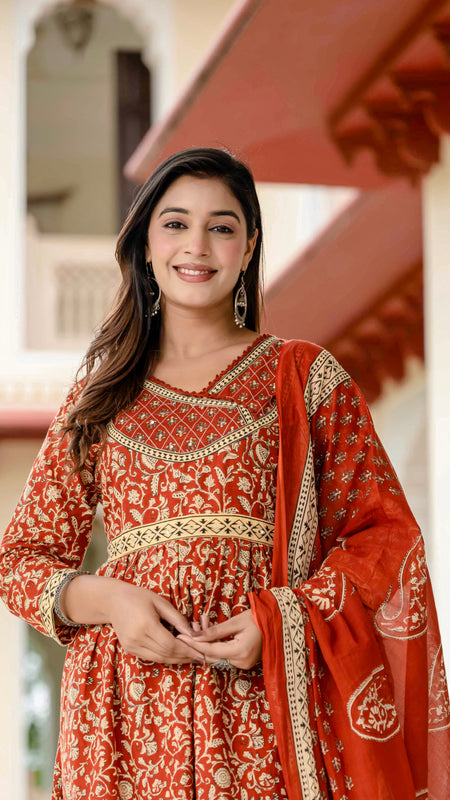 Ebbani Women’s Ethnic Printed Rust Floral Cotton Kurta Set with Dupatta