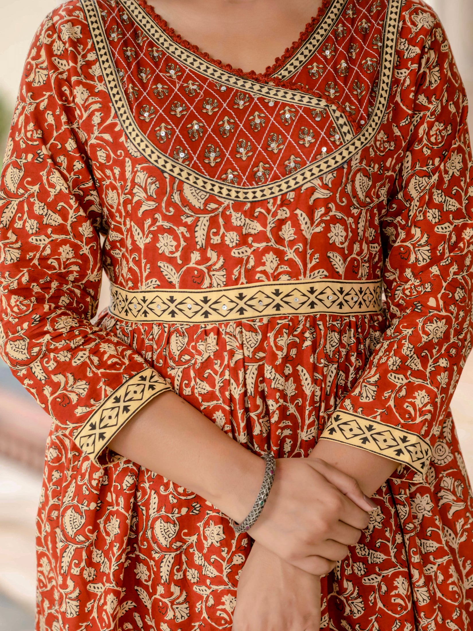Floral Printed Rust Cotton Kurta Set with Dupatta
