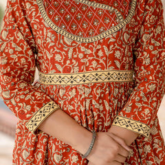 Ebbani Women’s Ethnic Printed Rust Floral Cotton Kurta Set with Dupatta
