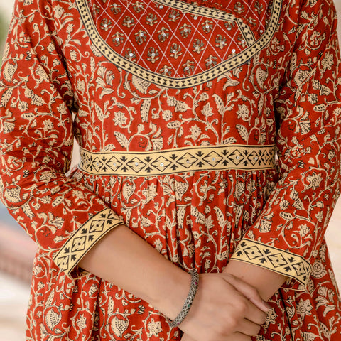 Floral Printed Rust Cotton Kurta Set with Dupatta