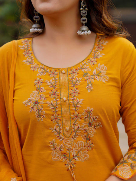Ebbani Women’s Cotton Embroidered Musturd Kurta Set with Dupatta