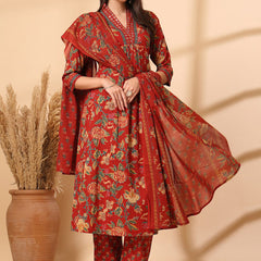 Ebbani Women’s Cotton Floral Red Kurta Set with Dupatta