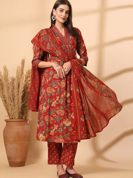 Ebbani Women’s Cotton Floral Red Kurta Set with Dupatta