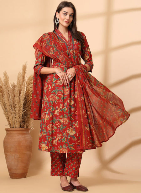 Ebbani Women’s Cotton Floral Red Kurta Set with Dupatta