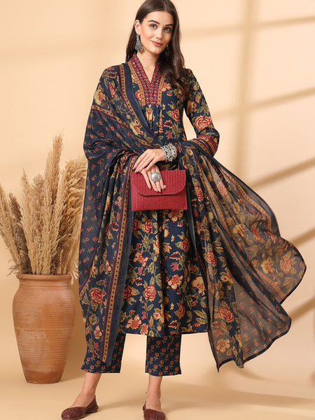 Ebbani Women’s Cotton Floral Blue Kurta Set with Dupatta