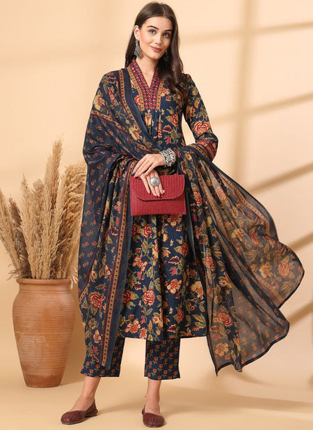 Ebbani Women’s Cotton Floral Blue Kurta Set with Dupatta