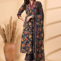 Ebbani Women’s Cotton Floral Blue Kurta Set with Dupatta