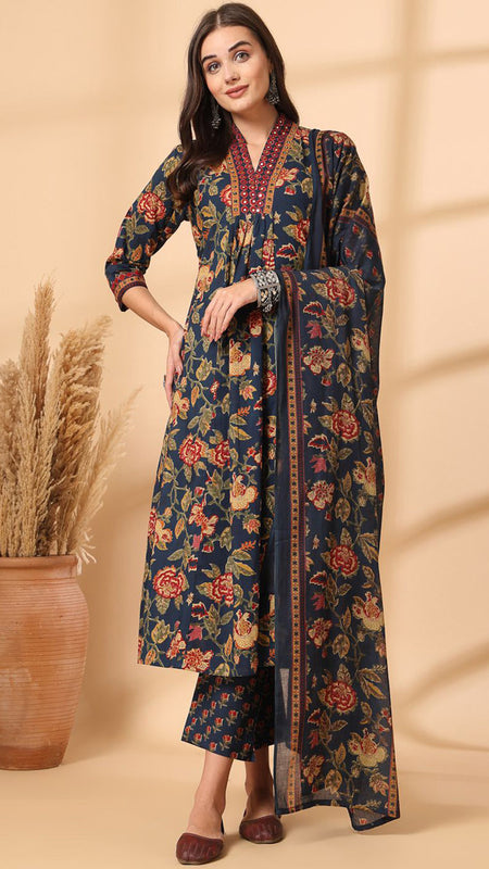Ebbani Women’s Cotton Floral Blue Kurta Set with Dupatta