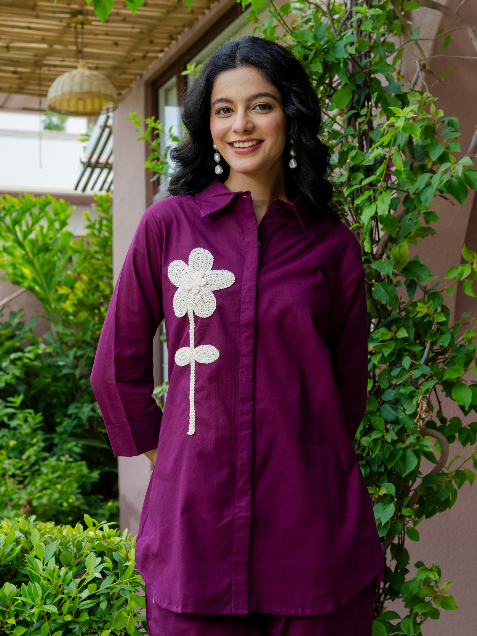 Women Purple  Embroidered Thread Work Pure Cotton coord set
