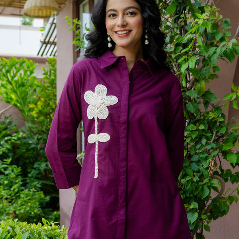 Women Purple  Embroidered Thread Work Pure Cotton coord set