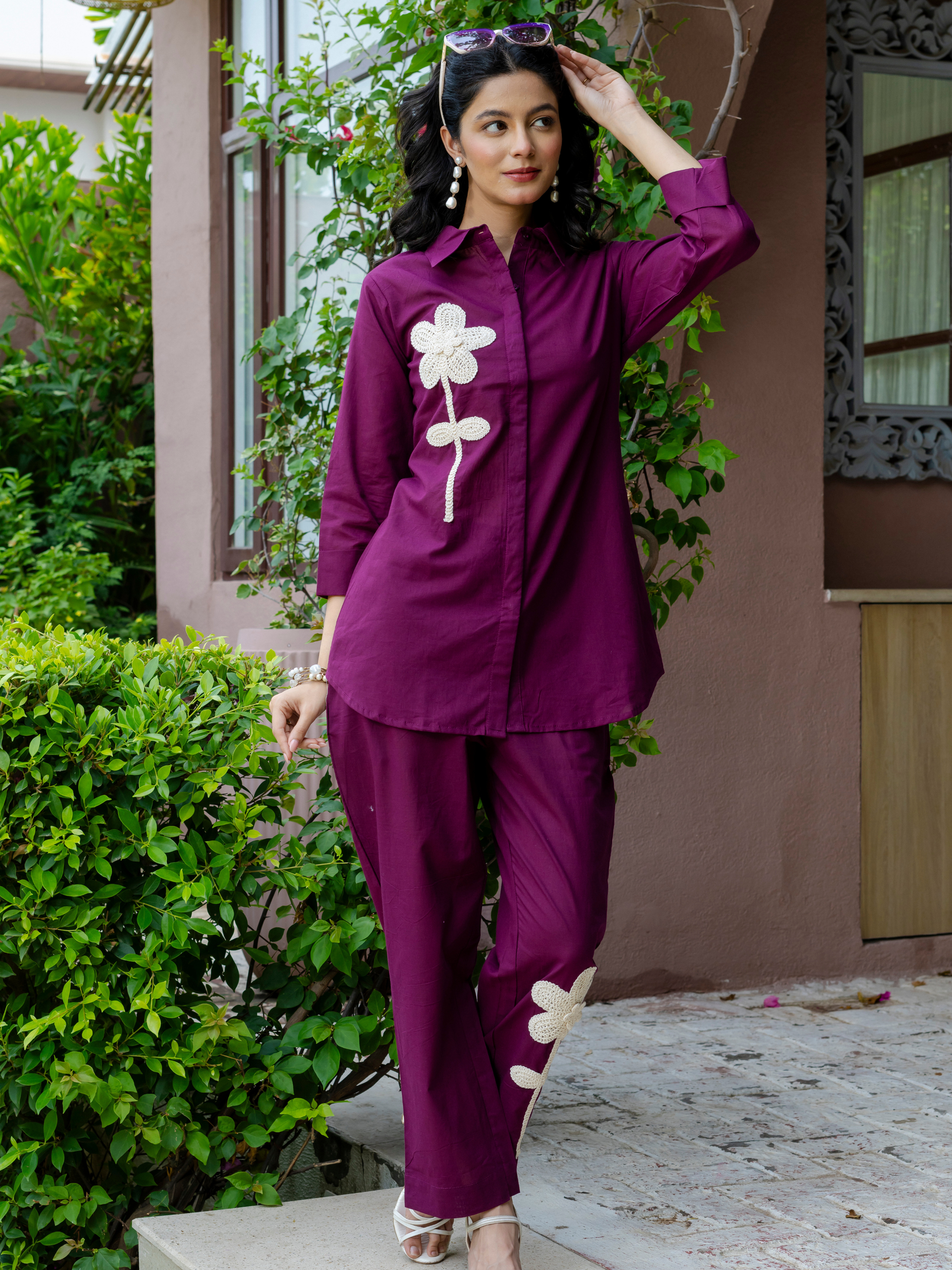 Women Purple  Embroidered Thread Work Pure Cotton coord set