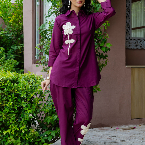 Women Purple  Embroidered Thread Work Pure Cotton coord set
