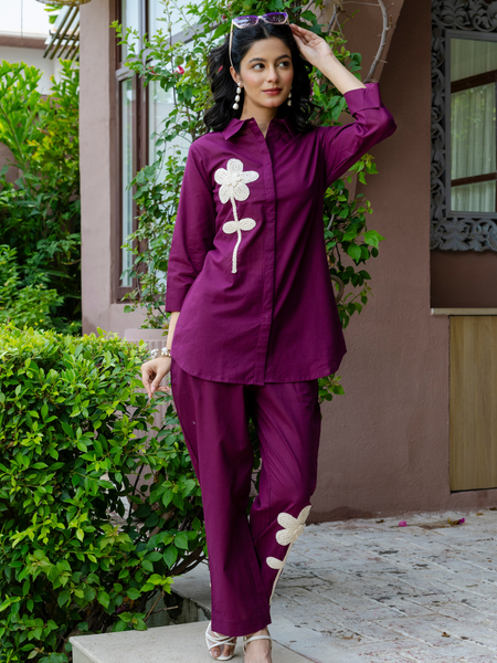 Women Purple  Embroidered Thread Work Pure Cotton coord set