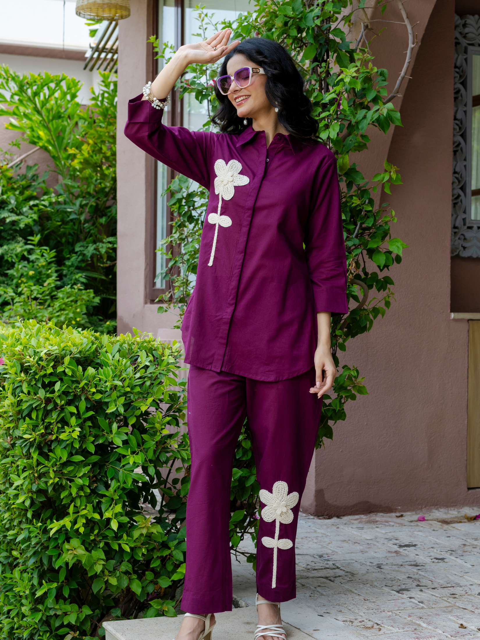 Women Purple  Embroidered Thread Work Pure Cotton coord set