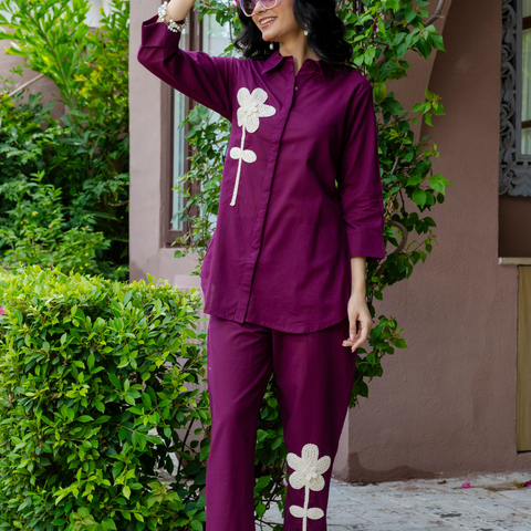 Women Purple  Embroidered Thread Work Pure Cotton coord set