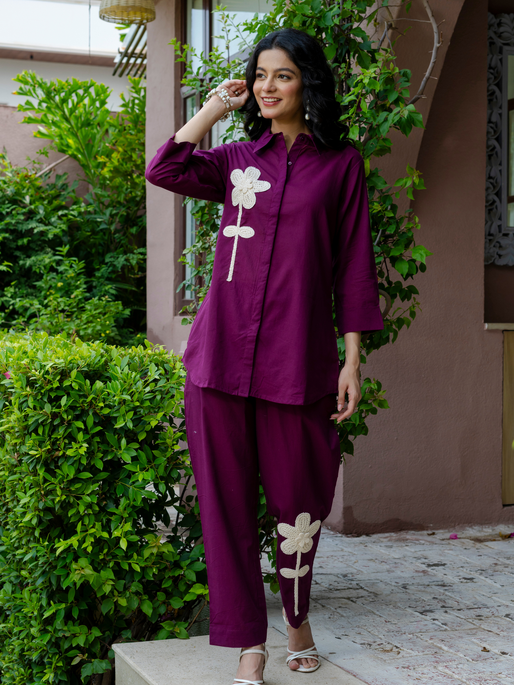 Women Purple  Embroidered Thread Work Pure Cotton coord set
