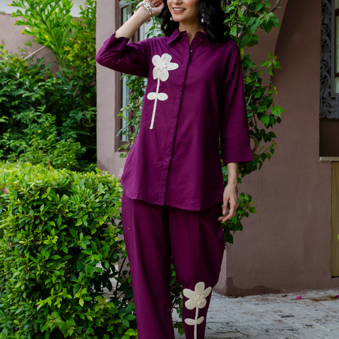 Women Purple  Embroidered Thread Work Pure Cotton coord set