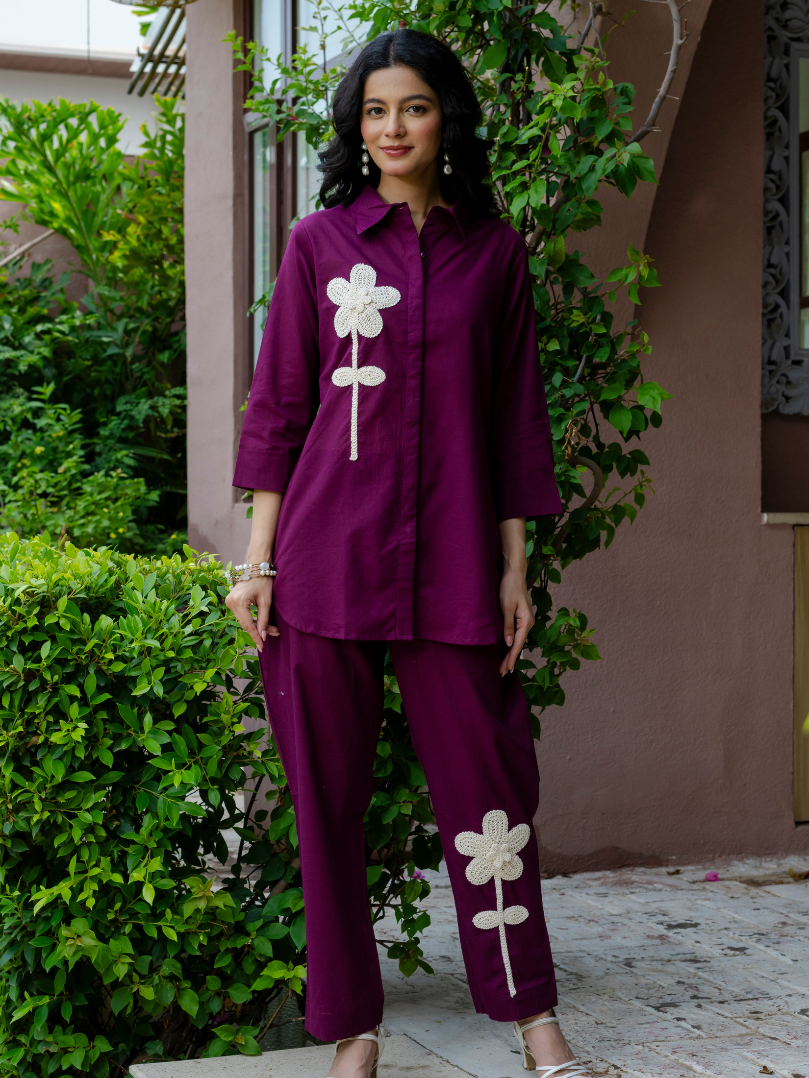 Women Purple  Embroidered Thread Work Pure Cotton coord set