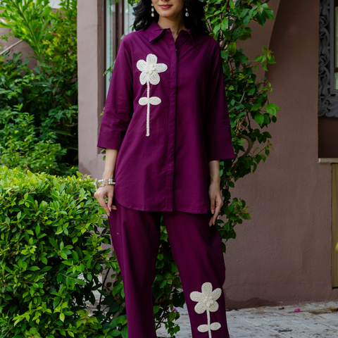 Women Purple  Embroidered Thread Work Pure Cotton coord set