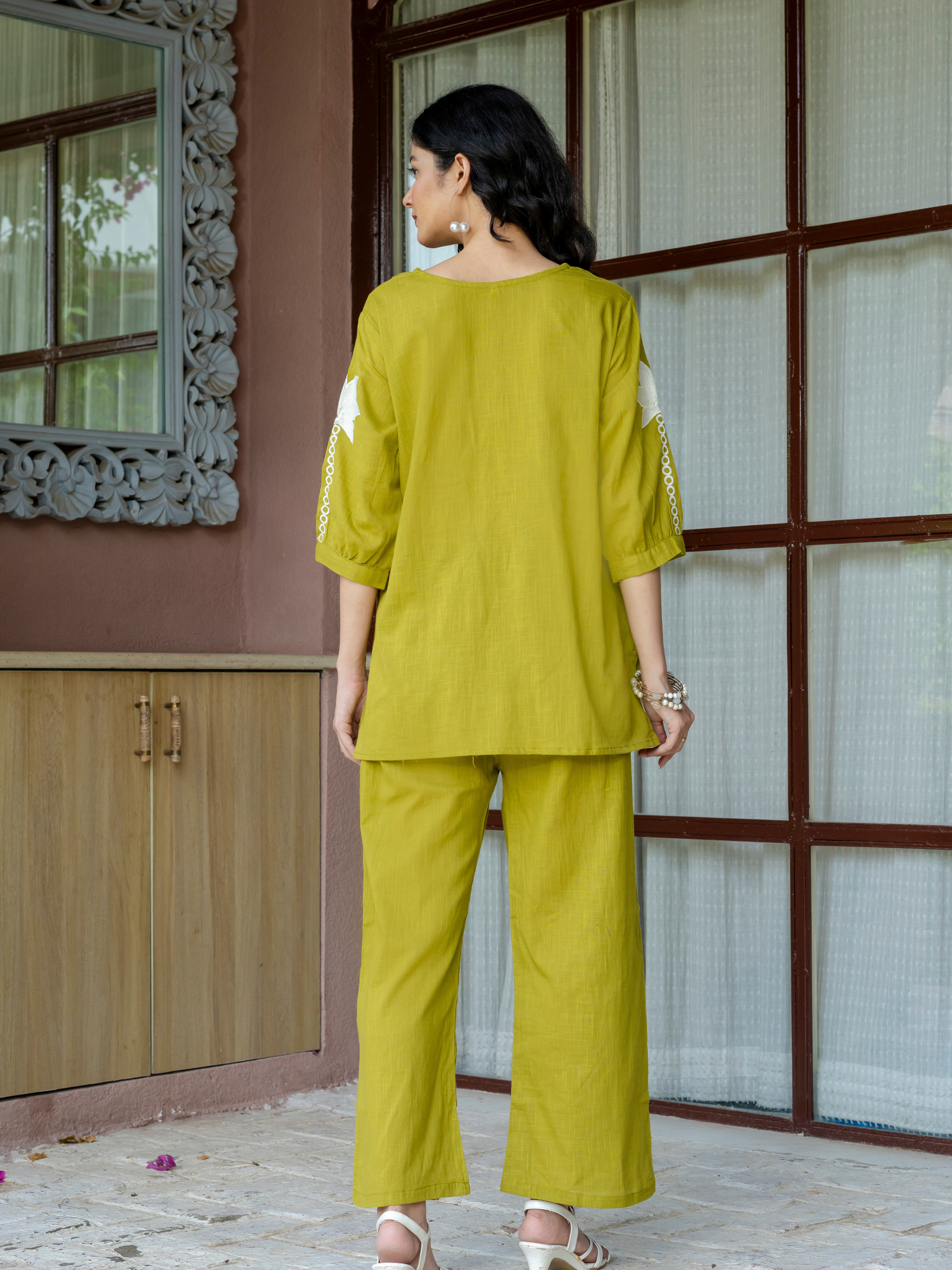 Women Lime Green Embroidered Thread Work Pure Cotton coord set