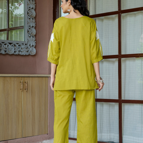 Women Lime Green Embroidered Thread Work Pure Cotton coord set