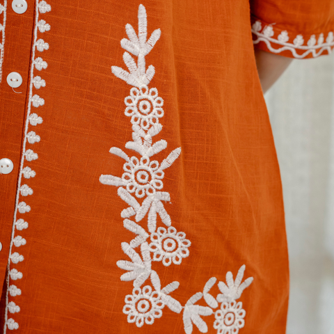 Women Rust  Embroidered Thread Work Pure Cotton coord set